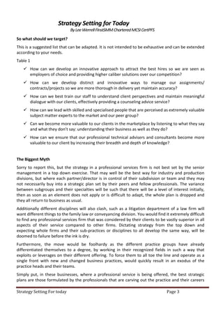 Strategy Setting for Today
                             By Lee Werrell FInstSMM Chartered MCSI CertPFS
So what should we target?
This is a suggested list that can be adapted. It is not intended to be exhaustive and can be extended
according to your needs.
Table 1
    How can we develop an innovative approach to attract the best hires so we are seen as
     employers of choice and providing higher caliber solutions over our competition?
    How can we develop distinct and innovative ways to manage our assignments/
     contracts/projects so we are more thorough in delivery yet maintain accuracy?
    How can we best train our staff to understand client perspectives and maintain meaningful
     dialogue with our clients, effectively providing a counseling advice service?
    How can we lead with skilled and specialised people that are perceived as extremely valuable
     subject matter experts to the market and our peer group?
    Can we become more valuable to our clients in the marketplace by listening to what they say
     and what they don’t say: understanding their business as well as they do?
    How can we ensure that our professional technical advisers and consultants become more
     valuable to our client by increasing their breadth and depth of knowledge?


The Biggest Myth
Sorry to report this, but the strategy in a professional services firm is not best set by the senior
management in a top down exercise. That may well be the best way for industry and production
divisions, but where each partner/director is in control of their subdivision or team and they may
not necessarily buy into a strategic plan set by their peers and fellow professionals. The variance
between subgroups and their specialties will be such that there will be a level of interest initially,
then as soon as an element does not apply or is difficult to adapt, the whole plan is dropped and
they all return to business as usual.
Additionally different disciplines will also clash, such as a litigation department of a law firm will
want different things to the family law or conveyancing division. You would find it extremely difficult
to find any professional services firm that was considered by their clients to be vastly superior in all
aspects of their service compared to other firms. Dictating strategy from the top down and
expecting whole firms and their sub-practices or disciplines to all develop the same way, will be
doomed to failure before the ink is dry.
Furthermore, the move would be foolhardy as the different practice groups have already
differentiated themselves to a degree, by working in their recognized fields in such a way that
exploits or leverages on their different offering. To force them to all toe the line and operate as a
single front with new and changed business practices, would quickly result in an exodus of the
practice heads and their teams.
Simply put, in these businesses, where a professional service is being offered, the best strategic
plans are those formulated by the professionals that are carving out the practice and their careers

Strategy Setting For today                                                         Page 3
 