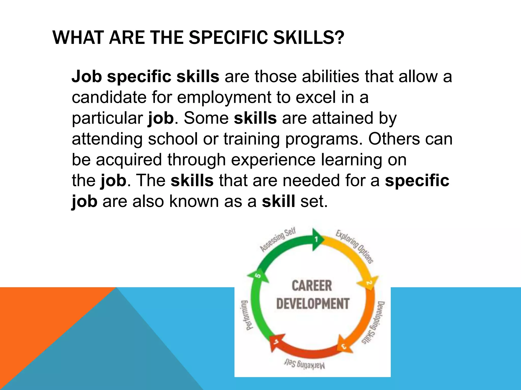 WHAT ARE THE SPECIFIC SKILLS?
Job specific skills are those abilities that allow a
candidate for employment to excel in a
particular job. Some skills are attained by
attending school or training programs. Others can
be acquired through experience learning on
the job. The skills that are needed for a specific
job are also known as a skill set.
 