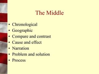 The Opener
• Set the tone
• Use a hook
  – Drama
  – Humor
  – Quotes
 