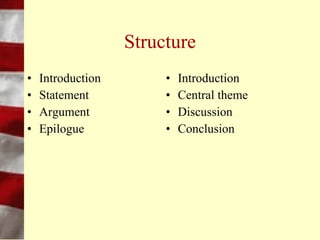 The Presentation
•   What does my audience expect to gain?
•   What do they already know?
•   What are my key points?
•   What materials do I need?
 