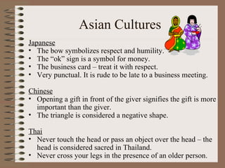 Asian Cultures
Japanese
• The bow symbolizes respect and humility.
• The “ok” sign is a symbol for money.
• The business card – treat it with respect.
• Very punctual. It is rude to be late to a business meeting.

Chinese
• Opening a gift in front of the giver signifies the gift is more
  important than the giver.
• The triangle is considered a negative shape.

Thai
• Never touch the head or pass an object over the head – the
  head is considered sacred in Thailand.
• Never cross your legs in the presence of an older person.
 