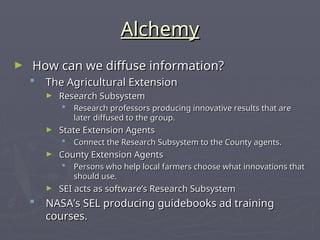 Alchemy
Alchemy
► How can we diffuse information?
How can we diffuse information?
 The Agricultural Extension
The Agricultural Extension
► Research Subsystem
Research Subsystem
 Research professors producing innovative results that are
Research professors producing innovative results that are
later diffused to the group.
later diffused to the group.
► State Extension Agents
State Extension Agents
 Connect the Research Subsystem to the County agents.
Connect the Research Subsystem to the County agents.
► County Extension Agents
County Extension Agents
 Persons who help local farmers choose what innovations that
Persons who help local farmers choose what innovations that
should use.
should use.
► SEI acts as software’s Research Subsystem
SEI acts as software’s Research Subsystem
 NASA’s SEL producing guidebooks ad training
NASA’s SEL producing guidebooks ad training
courses.
courses.
 