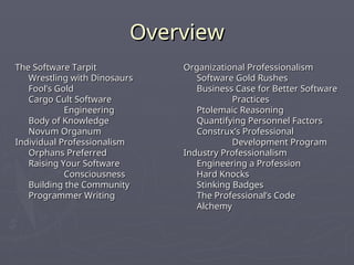 Overview
Overview
The Software Tarpit
The Software Tarpit
Wrestling with Dinosaurs
Wrestling with Dinosaurs
Fool’s Gold
Fool’s Gold
Cargo Cult Software
Cargo Cult Software
Engineering
Engineering
Body of Knowledge
Body of Knowledge
Novum Organum
Novum Organum
Individual Professionalism
Individual Professionalism
Orphans Preferred
Orphans Preferred
Raising Your Software
Raising Your Software
Consciousness
Consciousness
Building the Community
Building the Community
Programmer Writing
Programmer Writing
Organizational Professionalism
Organizational Professionalism
Software Gold Rushes
Software Gold Rushes
Business Case for Better Software
Business Case for Better Software
Practices
Practices
Ptolemaic Reasoning
Ptolemaic Reasoning
Quantifying Personnel Factors
Quantifying Personnel Factors
Construx’s Professional
Construx’s Professional
Development Program
Development Program
Industry Professionalism
Industry Professionalism
Engineering a Profession
Engineering a Profession
Hard Knocks
Hard Knocks
Stinking Badges
Stinking Badges
The Professional’s Code
The Professional’s Code
Alchemy
Alchemy
 