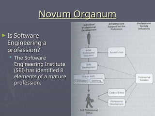 Novum Organum
Novum Organum
► Is Software
Is Software
Engineering a
Engineering a
profession?
profession?
 The Software
The Software
Engineering Institute
Engineering Institute
(SEI) has identified 8
(SEI) has identified 8
elements of a mature
elements of a mature
profession.
profession.
 