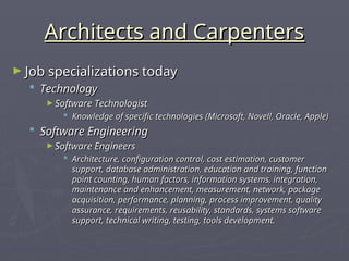 Architects and Carpenters
Architects and Carpenters
► Job specializations today
Job specializations today
 Technology
Technology
► Software Technologist
Software Technologist
 Knowledge of specific technologies (Microsoft, Novell, Oracle, Apple)
Knowledge of specific technologies (Microsoft, Novell, Oracle, Apple)
 Software Engineering
Software Engineering
► Software Engineers
Software Engineers
 Architecture, configuration control, cost estimation, customer
Architecture, configuration control, cost estimation, customer
support, database administration, education and training, function
support, database administration, education and training, function
point counting, human factors, information systems, integration,
point counting, human factors, information systems, integration,
maintenance and enhancement, measurement, network, package
maintenance and enhancement, measurement, network, package
acquisition, performance, planning, process improvement, quality
acquisition, performance, planning, process improvement, quality
assurance, requirements, reusability, standards, systems software
assurance, requirements, reusability, standards, systems software
support, technical writing, testing, tools development.
support, technical writing, testing, tools development.
 