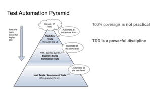 Test Automation Pyramid
100% coverage is not practical
TDD is a powerful discipline
 