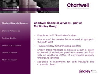 Chartwell Financial Services   Chartwell Financial Services - part of
                               The Lindley Group
Chartwell Professionals

                               •   Established in 1979 as Lindley Trustees
Our Core Qualities
                               •   Now one of the premier financial services groups in
                                   the North West
Services to Accountants        •   100% owned by its shareholding Directors
                               •   Lindley group manages in excess of £150m of assets
Services to Solicitors             on behalf of individuals, pension schemes and Trusts
                                   with an additional £150m of commercial property
                                   under SSAS schemes
What’s in it for you?
                               •   Specialists in investments for both individual and
                                   corporate clients
 
