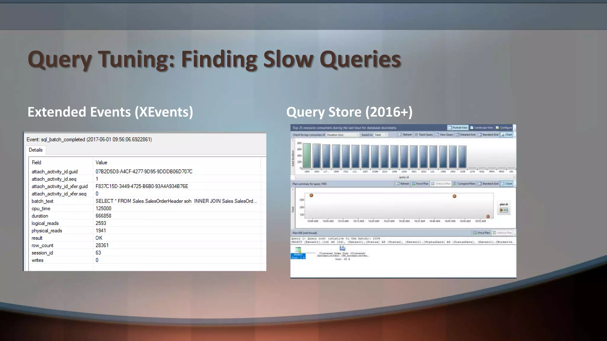 Query Tuning: Finding Slow Queries
Extended Events (XEvents) Query Store (2016+)
 