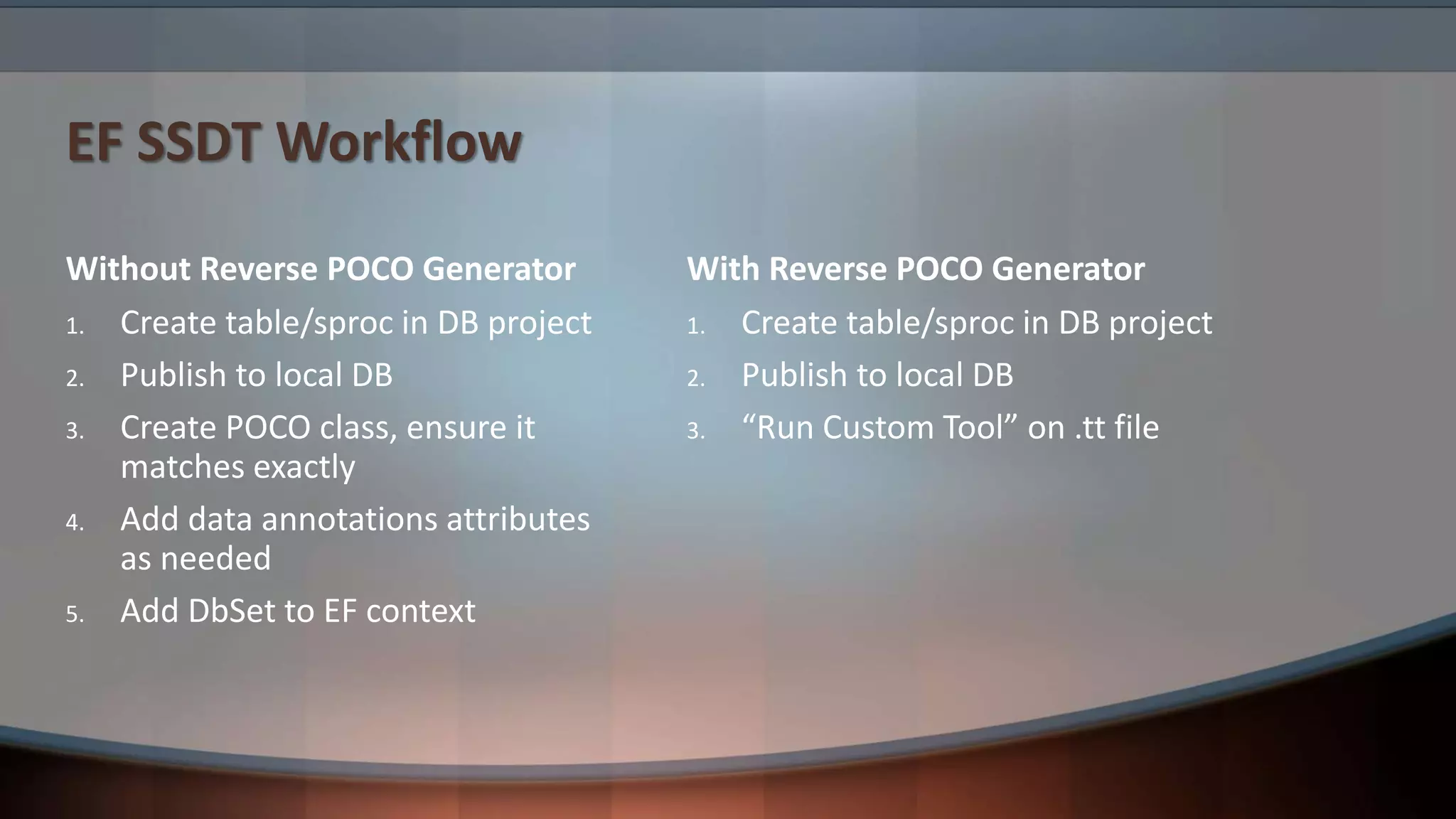 EF SSDT Workflow
Without Reverse POCO Generator
1. Create table/sproc in DB project
2. Publish to local DB
3. Create POCO class, ensure it
matches exactly
4. Add data annotations attributes
as needed
5. Add DbSet to EF context
With Reverse POCO Generator
1. Create table/sproc in DB project
2. Publish to local DB
3. “Run Custom Tool” on .tt file
 
