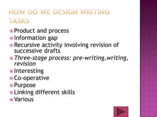  Product

and process
 Information gap
 Recursive activity involving revision of
successive drafts
 Three-stage process: pre-writing,writing,
revision
 Interesting
 Co-operative
 Purpose
 Linking different skills
 Various

 