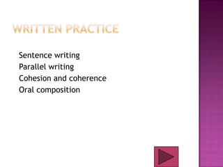 Sentence writing
Parallel writing
Cohesion and coherence
Oral composition

 