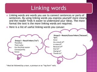 Linking words




Linking words are words you use to connect sentences or parts of
sentences. By using linking words you express yourself more clearly
and the reader finds it easier to understand your ideas. The more
formal the text is the more linking words are required.
Here is a list of useful linking words you canuse:

Group 1 – Result linkers (”so”)
Therefore
That is why
For this/that reason
Consequently
hence

Group 2 – Reason/Cause linkers (”because”,
”as”)
Since
As a result of*
In view of*
Because of*
Due to*
Owing to*
Thanks to*

* Must be followed by a noun, a pronoun or an ”ing-form” verb.

 