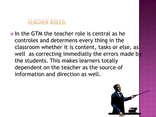  In

the GTM the teacher role is central as he
controles and determens every thing in the
classroom whether it is content, tasks or else, as
well as correcting immediatly the errors made by
the students. This makes learners totally
dependent on the teacher as the source of
information and direction as well.

 