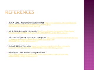 

Allah, A. (2010). The grammar translation method. http://www.slideshare.net/FatenMallat/thegrammar-translation-method?qid=6d26ab85-1f83-4189-941484875f966d41&v=default&b=&from_search=6



Fat, G. (2013). Developing writing skills. http://www.slideshare.net/gracefat/14-developingwriting-skills?qid=57ef9969-e1c9-42de-91e4-637490d02793&v=qf1&b=&from_search=3



Michecaro, (2012) How to improve your writing skills. http://www.slideshare.net/michecaro/howto-improve-your-writing-14129280?qid=57ef9969-e1c9-42de-91e4637490d02793&v=qf1&b=&from_search=4



Sinciar, E. (2013). Writing skills. http://www.slideshare.net/EmmaSinclair/writingskillsl1?qid=6d26ab85-1f83-4189-9414-84875f966d41&v=default&b=&from_search=1



Writers Room, (2012). Creative writing at workshop.
http://www.slideshare.net/writersroom/writers-room?qid=67cb3549-c5af-43fb-944acc63b6f55885&v=qf1&b=&from_search=8

 
