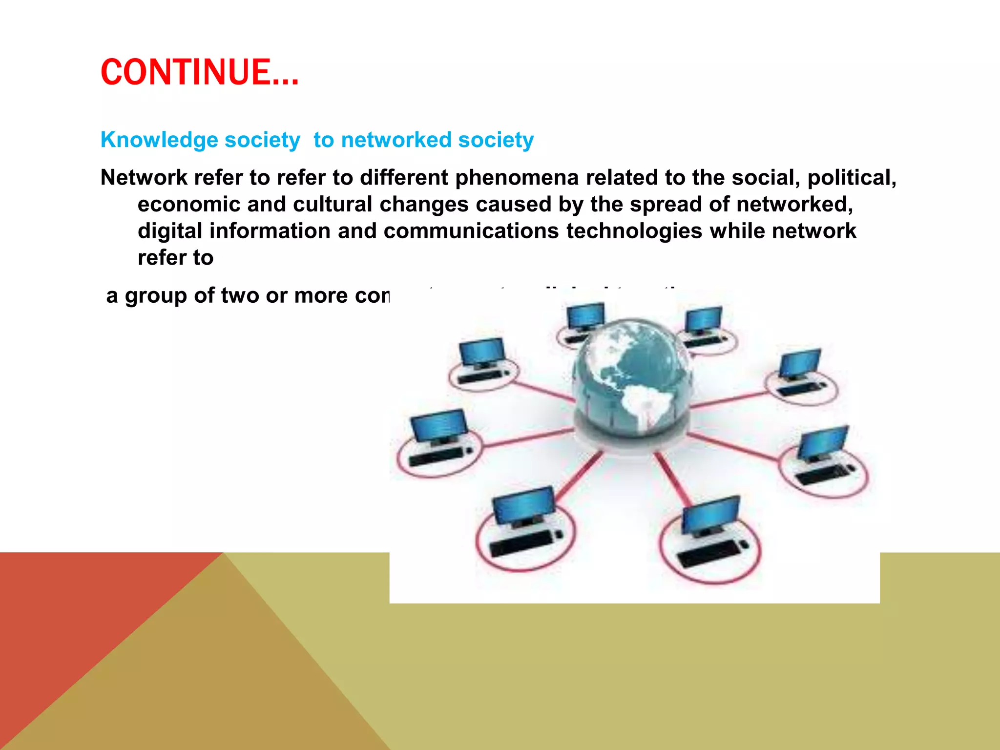 CONTINUE…
Knowledge society to networked society
Network refer to refer to different phenomena related to the social, political,
economic and cultural changes caused by the spread of networked,
digital information and communications technologies while network
refer to
a group of two or more computer system linked together.
 