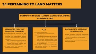 PERTAINING TO LAND MATTERS (SURRENDER AND RE-
ALIENATION - PP)
Checklist form for application for land
development under section 204D
(Surrender and ReAlienation) National
Land Code SIMULTANEOUS or SEPARATE
application.
Note: If application involves surrender of
part only (section 200 NLC), please
complete the relevant checklist and
submit together with Form 7D
3 copies Form 12D Application for
Surrender and Re-alienation
APPLICATION FORM THAT
NEED TO BE COMPLETED
Simultaneous Application
10 copies draft pre-computation plan
Separate application
21 copies precomputation plan certified by
City Hall Kuala Lumpur (Development
Order has been issued)or10 copies of draft
precomputation plan (for applications that
have been approved - Development Order
has not been issued)
A copy of the Layout Development Order) that
was approved by DBKL if the Development
Order has been issued.
PLAN DOCUMENTS TO ACCOMPANY
THE APPLICATION
Latest Title search / legal copy together with
copy of the plan ( still within the validity period
which is 3 months from the date issued).
Original Title
Approval letter from the stakeholders (if any):
Proof of ownership
3.1 PERTAINING TO LAND MATTERS
 