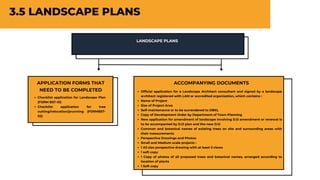 3.5 LANDSCAPE PLANS
LANDSCAPE PLANS
Checklist application for Landscape Plan
(FORM BST-01)
Checklist application for tree
cutting/relocation/prunning (FORMBST-
02)
APPLICATION FORMS THAT
NEED TO BE COMPLETED Official application for a Landscape Architect consultant and signed by a landscape
architect registered with LAM or accredited organization, which contains :
Name of Project
Size of Project Area
Self-maintenance or to be surrendered to DBKL
Copy of Development Order by Department of Town Planning
New application for amendment of landscape involving D.O amendment or renewal is
to be accompanied by D.O plan and the new D.O
Common and botanical names of existing trees on site and surrounding areas with
their measurements
Perspective Drawings and Photos
Small and Medium scale projects :
1 A3 size perspective drawing with at least 3 views
1 soft copy
1 Copy of photos of all proposed trees and botanical names, arranged according to
location of plants
1 Soft copy
ACCOMPANYING DOCUMENTS
 