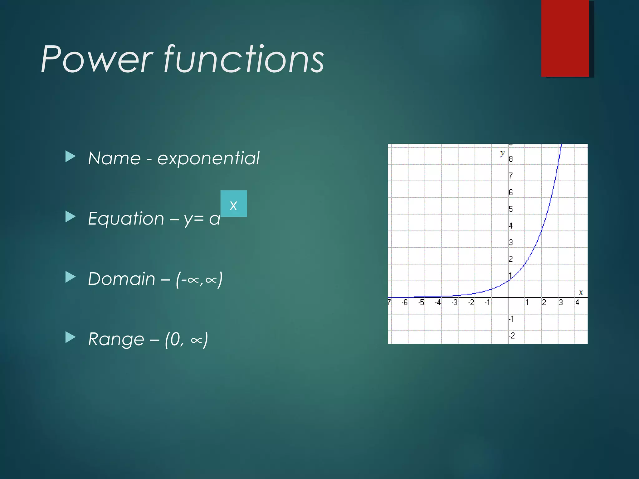 Power functions
 Name - exponential
 Equation – y= a
 Domain – (-∝,∝)
 Range – (0, ∝)
x
 