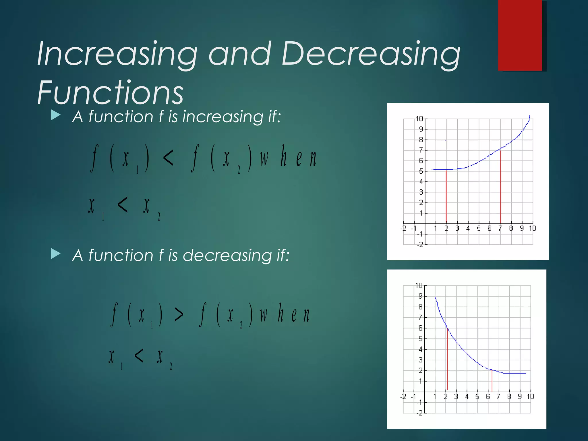 Increasing and Decreasing
Functions A function f is increasing if:
 A function f is decreasing if:
f x f x w h e n
x x
( ) ( )1 2
1 2
<
<
f x f x w h e n
x x
( ) ( )1 2
1 2
>
<
 