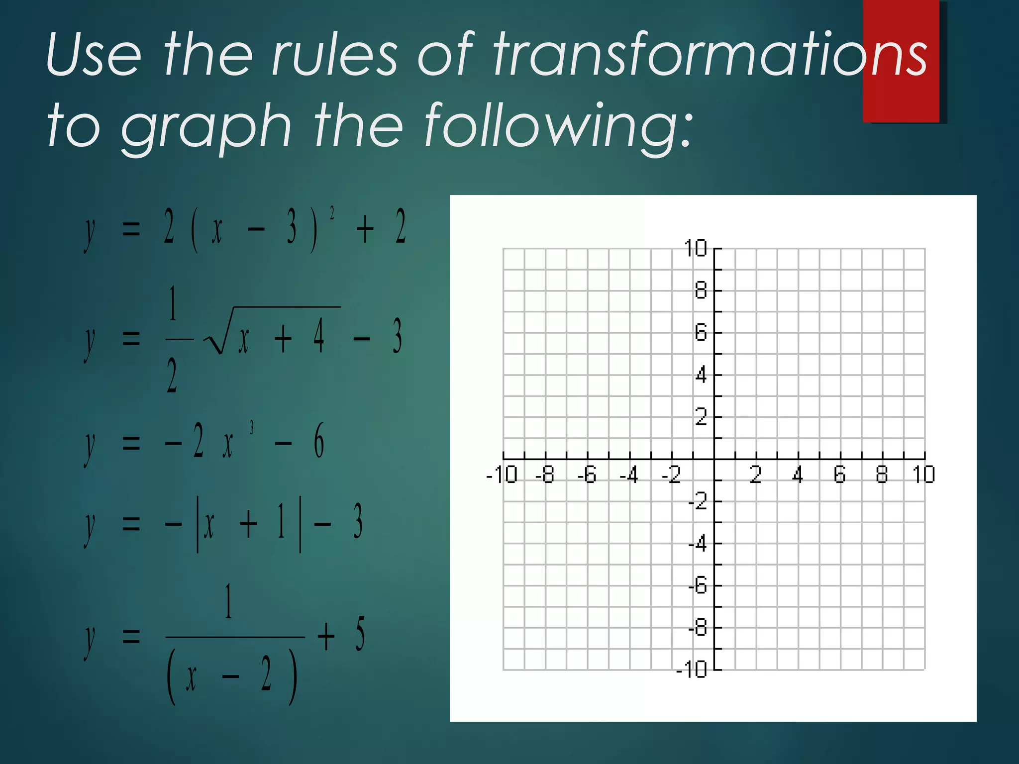 Use the rules of transformations
to graph the following:
( )
y x
y x
y x
y x
y
x
= − +
= + −
= − −
= − + −
=
−
+
2 3 2
1
2
4 3
2 6
1 3
1
2
5
2
3
( )
 