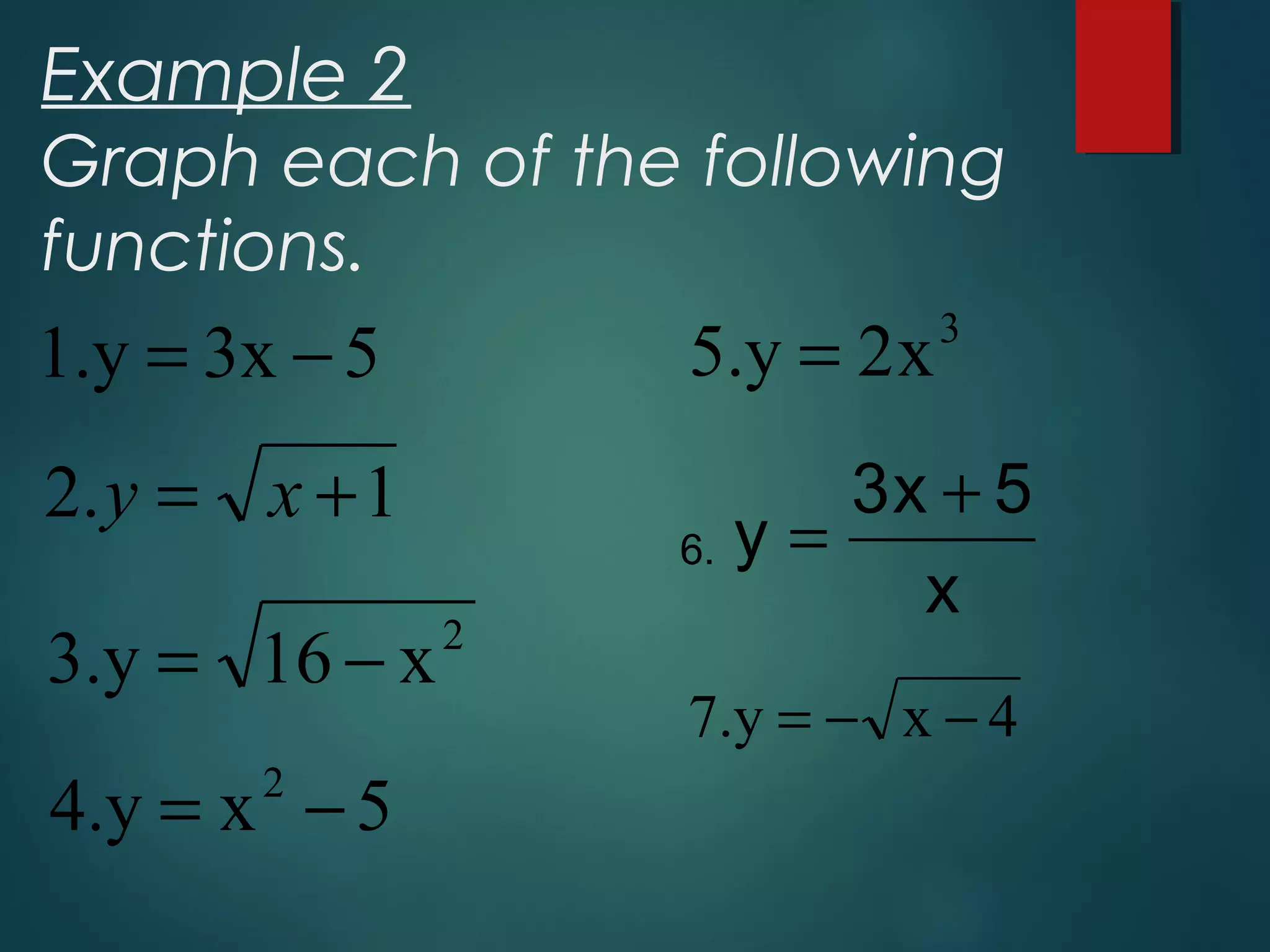 Example 2
Graph each of the following
functions.
5x3y.1 −=
1.2 += xy
2
x16y.3 −=
5xy.4 2
−=
3
x2y.5 =
x
5x3
y
+
=
4xy.7 −−=
6.
 