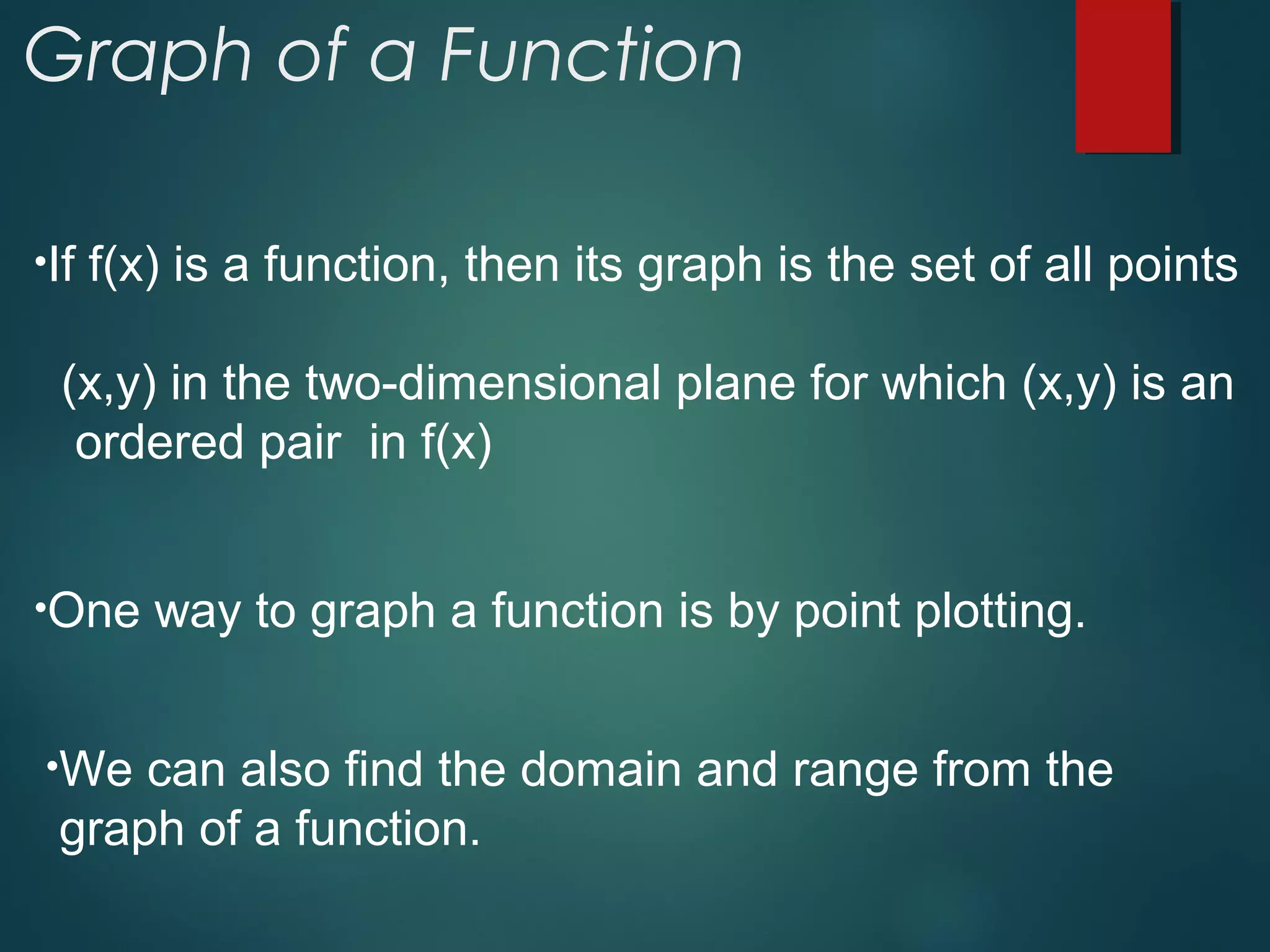 Graph of a Function
•If f(x) is a function, then its graph is the set of all points
(x,y) in the two-dimensional plane for which (x,y) is an
ordered pair in f(x)
•One way to graph a function is by point plotting.
•We can also find the domain and range from the
graph of a function.
 