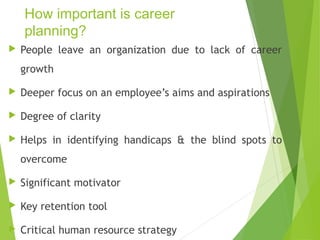 How important is career
planning?


People leave an organization due to lack of career
growth



Deeper focus on an employee’s aims and aspirations



Degree of clarity



Helps in identifying handicaps & the blind spots to
overcome



Significant motivator



Key retention tool



Critical human resource strategy

 