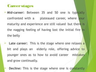 Career stages


Mid-career: Between 35 and 50 one is typically
confronted with a

plateaued career, where your

maturity and experience are still valued but there is
the nagging feeling of having lost the initial fire in
the belly


Late career: This is the stage where one relaxes a
bit and plays an

elderly role, offering advice to

younger ones as to how to avoid career

mistakes

and grow continually.


Decline: This is the stage where one is constantly

 