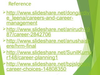 Reference
 http://www.slideshare.net/dongardiv

e_leena/careers-and-careermanagement
 http://www.slideshare.net/anirudh19
87/career-2842706
 http://www.slideshare.net/anushaish
ere/hrm-final
 http://www.slideshare.net/SunilKuma
r148/career-planning1
 http://www.slideshare.net/bpjslogan/
career-choices-14808350

 