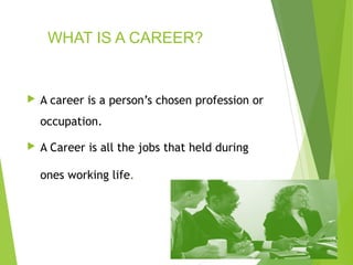 WHAT IS A CAREER?



A career is a person’s chosen profession or
occupation.



A Career is all the jobs that held during
ones working life.

 