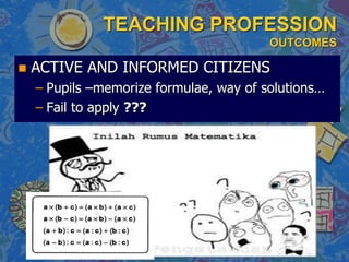 TEACHING PROFESSION
OUTCOMES
 ACTIVE AND INFORMED CITIZENS
– Pupils –memorize formulae, way of solutions…
– Fail to apply ???
 