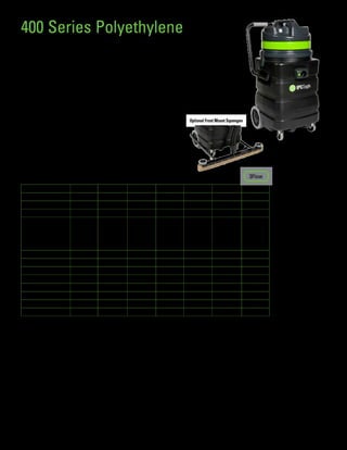 24 Gallon Polyethylene Wet/Dry and HEPA Critical Vacuum
Available with 1, 2, 3 Motor Configurations and 3FLOW Vacuum
Rugged and powerful polyethylene wet/dry vacuum available in multiple
configurations to fit the application.
Applications:
General purpose vacuum for wet or dry application including HEPA critical filters. Can be used for general
cleaning, or to collect dust from grinding type tools. Commonly used in schools, manufacturing, office and
construction. Excellent choice for cleaning and construction contractors or for a general purpose vacuum and
critical dust control.
Features:
•	 Rugged 24 gallon tank durable poly tank that won’t dent or rust
•	 Fit to your application with multiple models to choose from including
wet/dry and HEPA critical filters
•	 Powerful suction with single, double and triple motor models.
•	 Self cleaning model available with automatic 3 flow head
•	 Stable and convenient no tip design – utilizes transport handle, two
large wheels in back with dual front casters
•	 Convenient debris management with optional paper filter collection bags
•	 Increase productivity with the optional front mounted squeegee
Specifications:
Accessories and Options
Choose from either the 1.5” or 3 Flow tool kit (included)
Description		 S72672 1.5”	 3 Flow (dry only)
Hose			S70008		UE200ES
Wand Curved Handle	 S76389		 n/a
Wand Straight		 S76387 (qty 2)	 S82364
Squeegee Tool		S76385		n/a
Bristle Floor Tool		 S76384		 S83892
Crevice Tool		S70003		n/a
Round Brush		S76295		n/a
Hose Cuff -430P & 430P-H
Only (adapt hose for 2”
machine inlet)		S82774		n/a
Adapter (allows connection
of crevice and dusting tool
to wand end)		S76388		n/a
400 Series Polyethylene
Optional
•	 S73240 Standard Polyester Filter Bag Assembly – Wet/Dry Models Only
•	 S82845 Standard Polyester Filter Bag Only – Wet/Dry Models Only
•	 S76061* Cartridge Filter, Polyester – Wet/Dry models only
•	 S82995* HEPA Filter for Wet/Dry Models Only
•	 S82852* Cartridge Filter, Paper for Wet/Dry Models Only
•	 T80093 Paper Collection Bags 3/pkg, for Wet/Dry Models Only
•	 S821622 * HEPA Cartridge Filter 3 Flow Model
•	 S83893 2” Squeegee Tool
•	 S70003 2” Crevice Tool
•	 S76295 2” Round Dusting Brush
•	 S70042 22” Front Mounted Squeegee
•	 T80020 30” Front Mounted Squeegee
•	 S87768 Critical HEPA Long
•	 S821177 Treated Prefilter Long
*Requires S82855 Retainer
Optional HEPA filters are made of HEPA filter material which allows for better filtration
but the attachment mechanism does not assure a perfect seal which is required to
meet HEPA critical vacuum standards.
Model 415P 429P 430P 415PH 429PH 430PH 440P
Part Number S6415P S6429P S9430P-24 S6415P-H S6429P-H S6430P-H S9440P
Configuration Wet/Dry Wet/Dry Wet/Dry Dry HEPA Dry HEPA Dry HEPA 3Flow
Voltage 110V / 60Hz 110V / 60Hz 110V / 60Hz 110V / 60Hz 110V / 60Hz 110V / 60Hz 110V / 60Hz
Vac Motor
CFM
Sealed Water Lift
Watts
Amps
101
87”
1000
9
202
87”
1000 (2)
17
295
87”
800 (3)
20
101
87”
1000
9
202
87”
1000 (2)
17
295
87”
800 (3)
20
267
77”
1000 (3)
21
Cord Length 25’ 25’ 25’ 25’ 25’ 25’ 25’
Tank Size 24 Gallon 24 Gallon 24 Gallon 24 Gallon 24 Gallon 24 Gallon 24 Gallon
Tank Material Polyethylene Polyethylene Polyethylene Polyethylene Polyethylene Polyethylene Polyethylene
Sound Level dBa 72.7 n/a n/a 72.7 n/a n/a n/a
Machine Weight 45 lbs 50 lbs 55 lbs 45 lbs 50 lbs 55 lbs 55 lbs
Machine Dimensions 22x18x36 22x18x36 22x18x36 22x18x36 22x18x36 22x18x36 22x18x36
Shipping Weight 48 lbs 53 lbs 60 lbs 48 lbs 53 lbs 60 lbs 60 lbs
Shipping Dimensions 25x20x37 25x20x37 25x20x37 25x20x37 25x20x37 25x20x37 25x20x37
Optional Front Mount Squeegee
7
3Flow
 