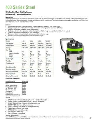 17 Gallon Steel Tank Wet//Dry Vacuum
Available in 1, 2 Motor Configurations
Applications:
General purpose vacuum for wet or dry application. Can be used for general cleaning or to collect dust from grinding, cutting and sanding type tools
and in construction. Commonly used in schools, manufacturing, office, construction. Excellent choice for cleaning and construction contractors for a
general purpose vacuum and critical dust control.
Features:
•	 Durable and heavy duty, chemical resistant, 17 Gallon steel tank that won’t chip, rust or crack.
•	 Fit to your application with multiple models to choose from including wet/dry or critical HEPA filters
•	 Powerful suction with single and double motor models.
•	 Stable and convenient no tip design – utilizes transport handle, two large wheels in back with dual front casters
•	 Tank can be removed from the cart for ease of emptying
•	 Convenient debris management with optional paper filter collection bags
•	 Increase productivity with the optional front mounted squeegee
Specifications:
Accessories and Options
Standard Tool Kit		 S72672 1.5”	
Hose			S70008
Curved Wand Handle	 S76389
Straight Wand (qty 2)	 S76387
16” Squeegee Tool		 S76385
16” Hard Floor Tool		 S76384
Crevice Tool		 S70003
Round Brush		 S76295
Adapter (allows connection of 	 S76388
crevice and dusting tool to wand)		
Optional
•	 S73240 Standard Polyester Filter Bag Assembly – Wet/Dry Models Only
•	 S82845 Standard Polyester Filter Bag Only – Wet/Dry Models only
•	 S76061* Cartridge Filter, Polyester – Wet/Dry models only
•	 S82995 * HEPA filter for wet/dry models only
•	 S82852 * Cartridge Filter, Paper for wet/dry models only
•	 T80093 Paper collection bags 3/pkg
•	 S70042 22” Front mounted squeegee
•	 S87768 Critical HEPA Long
•	 S821177 Treated Prefilter Long
*Requires S82855 Retainer
Optional HEPA filters are made of HEPA filter material which allows for better filtration but the attachment mechanism does not assure a perfect seal which is
required to meet HEPA critical vacuum standards.
400 Series Steel
Model 415S 429S 415SH 429SH
Part Number S6415S S6429S S6415S-H S6429S-H
Configuration Wet/Dry Wet/Dry Dry HEPA Dry HEPA
Voltage 110V / 60Hz 110V / 60Hz 110V / 60Hz 110V / 60Hz
Vac Motor
CFM
Sealed Water Lift
Watts
Amps
101
87”
1000
9
202
87”
1000 (2)
17
101
87”
1000
9
202
87”
1000 (2)
17
Cord Length 25’ 25’ 25’ 25’
Tank Size 17 Gallon 17 Gallon 17 Gallon 17 Gallon
Tank Material Chrome
Steel
Chrome
Steel
Chrome
Steel
Chrome
Steel
Sound Level dBa 72.7 n/a 72.7 n/a
Machine Weight 45 lbs 50 lbs 45 lbs 50 lbs
Machine Dimensions 18x27x35 18x27x35 18x27x35 18x27x35
Shipping Weight 48 lbs 53 lbs 48 lbs 53 lbs
Shipping Dimensions 23x29x36 23x28x36 23x29x36 23x29x36
8
 