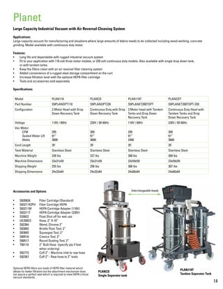 Large Capacity Industrial Vacuum with Air Reversal Cleaning System
Applications:
Large capacity vacuum for manufacturing and situations where large amounts of debris needs to be collected including wood working, concrete
grinding. Model available with continuous duty motor.
Features:
•	 Long life and dependable with rugged industrial vacuum system
•	 Fit to your application with 110 volt three motor models, or 220 volt continuous duty models. Also available with single drop down tank,
or with tandem tanks.
•	 Keep the filters clean with an air reversal filter cleaning system
•	 Added convenience of a rugged steel storage compartment on the cart
•	 Increase filtration level with the optional HEPA filter cartridge
•	 Tools and accessories sold separately
Specifications:
Accessories and Options
•	 S820826	 Filter Cartridge (Standard)
•	 S8321142PH	 Filter Cartridge HEPA
•	 S83211M	 HEPA Cartridge Adapter (110V)
•	 S83211T	 HEPA Cartridge Adapter (220V)
•	 S20822	 Float Shut off for wet use
•	 UE200ES	 Hose, 2” X 10”
•	 S82364	 Wand, Chrome 2”
•	 S83892	 Bristle Floor Tool, 2”
•	 S83893	 Squeegee Tool, 2”
•	 S80516	 Crevice Tool, 2”
•	 S80517	 Round Dusting Tool, 2”
•	 T80110	 2” Bulk Hose (specify qty if feet
		 when ordering)
•	 S82773	 Cuff 2” - Machine inlet to raw hose
•	 S82367	 Cuff 2” - Raw hose to 2” tools
Optional HEPA filters are made of HEPA filter material which
allows for better filtration but the attachment mechanism does
not assure a perfect seal which is required to meet HEPA critical
vacuum standards.
Planet
Model PLAN110 PLANCD PLAN110T PLANCDT
Part Number S9PLANOPT110 S9PLANOPT220 S9PLANET200TOPT S9PLANET200TOPT-220
Configuration 3 Motor Head with Drop
Down Recovery Tank
Continuous Duty with Drop
Down Recovery Tank
3 Motor head with Tandem
Tanks and Drop Down
Recovery Tank
Continuous Duty Head with
Tandem Tanks and Drop
Down Recovery Tank
Voltage 110V / 60Hz 220V / 50-60Hz 110V / 60Hz 220V / 50-60Hz
Vac Motor
CFM
Sealed Water Lift
Watts
295
91”
3600
300
91”
3600
295
91”
2400
300
91”
3600
Cord Length 35’ 35’ 35’ 35’
Tank Material Stainless Steel Stainless Steel Stainless Steel Stainless Steel
Machine Weight 226 lbs 227 lbs 268 lbs 269 lbs
Machine Dimensions 23x31x59 23x31x59 23x59x59 23x59x59
Shipping Weight 255 lbs 256 lbs 306 lbs 307 lbs
Shipping Dimensions 24x32x64 24x32x64 24x60x64 24x60x64
PLANCD
Single Seperator tank
PLAN110T
Tandem Seperator Tank
14
Interchangeable heads
 