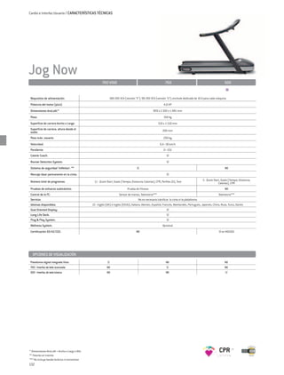 Cardio e Interfaz Usuario / CARACTERÍSTICAS TÉCNICAS




Jog Now
                                                       700 VISIO                                               700                                               500


Requisitos de alimentación:                                  180-265 VCA (versión "E"); 90-265 VCA (versión "U"); enchufe dedicado de 16 A para cada máquina
Potencia del motor (pico):                                                                                    4,0 HP
Dimensiones AnxLxAl:*                                                                               859 x 2.100 x 1.481 mm
Peso:                                                                                                         164 kg
Superficie de carrera Ancho x Largo:                                                                     510 x 1.510 mm
Superficie de carrera, altura desde el                                                                       200 mm
suelo:
Peso máx. usuario:                                                                                           200 kg
Velocidad:                                                                                                0,4–18 km/h
Pendiente:                                                                                                    0–15%
Calorie Coach:                                                                                                  SÍ
Runner Detection System:                                                                                        SÍ
Sistema de seguridad ‘InMotion’: **                                                   SÍ                                                                         NO

Marcaje láser permanente en la cinta:                                                                           SÍ

Número total de programas:                      11 - Quick Start, Goals (Tiempo; Distancia; Calorías), CPR, Perfiles (6), Test                5 - Quick Start, Goals (Tiempo; Distancia;
                                                                                                                                                            Calorías), CPR
Pruebas de esfuerzo submáximo:                                               Prueba de Fitness                                                                   NO
Control de la FC:                                                     Sensor de manos, Telemetría***                                                       Telemetría***
Servicio:                                                                              No es necesario lubrificar la cinta ni la plataforma
Idiomas disponibles:                           13 - Inglés (UK) e Inglés (EEUU), Italiano, Alemán, Español, Francés, Neerlandés, Portugués, Japonés, Chino, Ruso, Turco, Danés
Goal Oriented Display:                                                                                          SÍ
Long Life Deck:                                                                                                 SÍ
Plug & Play System:                                                                                             SÍ
Wellness System:                                                                                             Opcional
Certificación 93/42/CEE:                                                             NO                                                                     SÍ en MD500




  OPCIONES DE VISUALIZACIÓN
Plataforma digital integrada Visio:                        SÍ                                                  NO                                                NO
700 - Interfaz de leds avanzada:                           NO                                                   SÍ                                               NO
500 - Interfaz de leds básica:                             NO                                                   NO                                               SÍ




* Dimensiones AnxLxAl = Ancho x Largo x Alto                                                                                                                CPR
** Patente en trámite
*** No incluye banda torácica ni transmisor
132
 