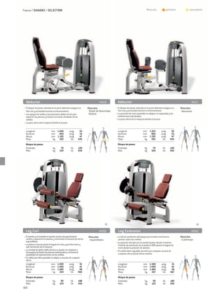 Fuerza / GUIADAS / SELECTION                                                                                                         Músculo:           	 primario      	      secundario




  Abductor	                                                                          M918            Adductor	                                                                   M917
 • El bloque de pesas colocado en la parte delantera asegura un          Músculos:                  • El bloque de pesas colocado en la parte delantera asegura un     Músculos:
   fácil uso y privacidad durante el entrenamiento.                      - Tensor de fascia latea     fácil uso y privacidad durante el entrenamiento.                 - Aductores
 • Los apoyos de rodilla y las posiciones dobles de los pies             - Glúteos                  • La posición de inicio ajustable se adapta a la capacidad y las
   soportan las piernas y reducen la torsión alrededor de las                                         preferencias individuales.
   rodillas.                                                                                        • La poca altura de la máquina facilita el acceso.
 • La poca altura de la máquina facilita el acceso.


  Longitud:	                    mm	 1.400		pulg.	               55                                   Longitud:	                  mm	 1.415		pulg.	              56
  Anchura:	                     mm	 850		pulg.	                 33                                   Anchura:	                   mm	 850		pulg.	                33
  Altura:	                      mm	 1.195		pulg.	               47                                   Altura:	                    mm	 1.195		pulg.	              47
  Peso:	                         kg	 202		 lib.	               445                                   Peso:	                       kg	 202		 lib.	              445
  Bloque de pesas:                                                                                   Bloque de pesas:
  Estándar:	                      kg 	     70		 lib.	          140                                   Estándar:	                    kg 	    70		 lib.	          140
  Más:	                           kg	     100		 lib.	          200                                   Más:	                         kg	    100		 lib.	          200




  Leg Curl	                                                                          M990            Leg Extension	                                                              M991
 • El asiento y el respaldo se ajustan juntos para garantizarel           Músculos:                 • La forma anatómica del apoyo para muslos minimiza la             Músculos:
   confort y soporte en el asiento, y minimizan la constricción de los    - Isquiotibiales            presión sobre las rodillas.                                      - Cuádriceps
   isquiotibiales.
                                                                                                    • La posición del ejercicio se puede ajustar desde el asiento.
 • La palanca manual ajusta el ángulo de inicio y permite entrar y                                    El botón de activación de la palanca ROM ajusta el ángulo de
   salir fácilmente de la máquina.                                                                    inicio desde la posición de asiento.
 • La entrada de doble rodillo elimina un ajuste con respecto a                                     • El rodillo tibiar regulable permite que cualquier usuario de
   los equipos de flexión de piernas tradicionales y minimiza la
   posibilidad de hiperextensión de las rodillas.                                                     cualquier altura pueda tomar asiento.
 • El rodillo para tibia ajustable se adapta a usuarios de cualquier
   altura.
   Longitud:	                      mm	 1.300		pulg.	                51                               Longitud:	                  mm	 1.300		pulg.	              51
   Anchura:	                       mm	 1.050		pulg.	                41                               Anchura:	                   mm	 1.050		pulg.	              41
   Altura:	                        mm	 1.485		pulg.	               58                                Altura:	                    mm	 1.485		pulg.	              58
   Peso:	                            kg	 254		 lib.	 560                                             Peso:	                       kg	 257		 lib.	              567
  Bloque de pesas:                                                                                   Bloque de pesas:
  Estándar:	                      kg 	     95		 lib.	          190                                   Estándar:	                    kg 	     95		 lib.	         190
  Más:	                           kg	     125		 lib.	          250                                   Más:	                         kg	     125		 lib.	         250
160
 
