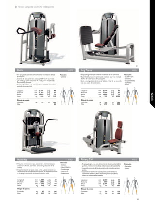 Versión compatible con 93/42 CEE disponible




 Glute	                                                                         M979    Leg Press	                                                                           M951
• Dos apoyapiés a distinta altura facilitan la alineación del eje   Músculos:          • Apoyapiés grande que aumenta la variedad de los ejercicios.             Músculos:
  de rotación.                                                      - Glúteos          • El perfil de Fuerza está optimizado mediante una leva montada           - Cuádriceps
• El botón de activación de la palanca ROM facilita la entrada                           dentro de la estructura del apoyapiés.                                  - Glúteos
  y la salida, y ajusta la posición de inicio para la amplitud de                      • Unos amortiguadores detienen el tablero al final de su recorrido        - Isquiotibiales
  movimientos deseada.                                                                   con una suave desaceleración.                                           - Gemelos
• El apoyo de cadera y las asas ayudan a mantener una buena                                                                                                      - Sóleo
  posición durante el uso.

 Longitud:	                   mm	 1.105		pulg.	               44                        Longitud:	                    mm	 2.070		pulg.	    81
 Anchura:	                    mm	 1.310		pulg.	               52                        Anchura:	                     mm	 1.200		pulg.	    47




                                                                                                                                                                                          FUERZA
 Altura:	                     mm	 1.800		pulg.	               71                        Altura:	                      mm	 1.800		pulg.	    71
 Peso:	                        kg	 350		 lib.	               772                        Peso:	                         kg	  572		 lib.	 1.261
 Bloque de pesas:                                                                       Bloque de pesas:
 Estándar:	       kg 	 70		 lib.	                            140                        Estándar:	                      kg 	     190		 lib.	           380
 Más:					                                                    NO                        Más:	                           kg	      250		 lib.	           500




  Multi Hip	                                                                    M967    Rotary Calf	                                                                         M915
                                                                    Músculos:
• Máquina multifuncional que proporciona movimientos para                               • El apoyapiés gira en un arco de movimiento natural para los tobillos   Músculos:
  entrenar la flexión, extensión, aducción y abducción de la        - Glúteos             y ofrece un entrenamiento eficaz de los músculos de la pantorrilla.
                                                                    - Isquiotibiales                                                                             - Gemelos
  cadera.                                                                               • La posición extendida de las piernas activa los músculos gemelos
                                                                    - Cuádriceps                                                                                 - Sóleo
• El eje de rotación se ajusta hacia arriba y abajo mediante un                           y sóleo.
  mecanismo de contrapesos para ofrecer su alineación precisa       - Aductores         • La posición de asiento con soporte para la espalda elimina la
  y un apoyo consistente del usuario sobre el suelo.                - Abductores          compresión vertebral y ofrece una buena posición si se desea
                                                                                          realizar un entrenamiento unilateral.

  Longitud:	                   mm	 1.220		pulg.	              48                        Longitud:	                     mm	 1.380		pulg.	                 54
  Anchura:	                    mm	 1.110		pulg.	              44                        Anchura:	                      mm	 980		pulg.	                   39
  Altura:	                     mm	 1.530		pulg.	              60                        Altura:	                       mm	 1.485		pulg.	                 58
  Peso:	                        kg	 264		 lib.	              582                        Peso:	                          kg	  212		 lib.	                467
  Bloque de pesas:                                                                      Bloque de pesas:
  Estándar:	                    kg 	     95		 lib.	          190                        Estándar:	                      kg 	      65		 lib.	            130
  Más:	                         kg	     125		 lib.	          250                        Más:	                           kg 	      95		 lib.	            190


                                                                                                                                                                                    161
 