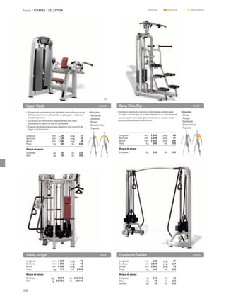 Fuerza / GUIADAS / SELECTION                                                                                       Músculo:          	 primario         	      secundario




  Upper Back	                                                               M946      Easy Chin/Dip	                                                            M987
  • El patrón de movimiento está diseñado para enfocarse en los    Músculos:        • Facilita la realización correcta de dominadas y fondos para     Músculos:
    Deltoides posteriores y Romboide, lo que ayuda a mejorar el    - Romboide         aquellos usuarios que no pueden hacerlo con su peso corporal.   - Bíceps
    equilibrio postural.                                           - Deltoides        Las barras de dominadas giran hacia fuera al realizar fondos    - Tríceps
  • Los brazos de movimiento independientes dan como               - Bíceps         • para no obstaculizar el movimiento.                             - Romboide
    resultado una mejora de fuerza equilibrada.                                                                                                       - Dorsal ancho
                                                                   - Dorsal ancho
  • El apoyo pectoral se ajusta para adaptarse a la variación de                                                                                      - Trapecio
    longitud de los brazos.                                        - Trapecio

  Longitud:	                mm	 1.190		pulg.	             47                         Longitud:	                 mm	 1.680		pulg.	             66
  Anchura:	                 mm	 1.145		pulg.	             45                         Anchura:	                  mm	 1.438		pulg.	             57
  Altura:	                  mm	 1.485		pulg.	             58                         Altura:	                   mm	 2.682		pulg.	            106
  Peso:	                     kg	  197		 lib.	            434                         Peso:	                      kg	 340		 lib.	             750

  Bloque de pesas:                                                                   Bloque de pesas:
  Estándar:	                  kg 	     65		 lib.	        130                         Estándar:	                   kg 	   110		 lib.	         220
  Más:	                       kg	      95		 lib.	        190




  Cable Jungle	                                                             M982     Crossover Cables	                                                           M924
  Longitud:	                mm	 1.920		pulg.	   76                                   Longitud:	                 mm	 685		pulg.	               27
  Anchura:	                 mm	 1.680		pulg.	   66                                   Anchura:	                  mm	 3.220		pulg.	            127
  Altura:	                  mm	 2.290		pulg.	   90                                   Altura:	                   mm	 2.420		pulg.	             95
  Peso:	                     kg	 479		 lib.	 1.056                                   Peso:	                      kg	 243		 lib.	             536
  Bloque de pesas:                                                                   Bloque de pesas:
  Estándar:	                kg 	 50/70		lib.	 100/140                                Estándar:	                   kg 	   27,5		 lib.	         55
  Más:	                     kg	 50/27,5		lib.	 100/55                                Más:	                        kg	     50		 lib.	         100
                                                                                     Grande:	                     kg	     65		 lib.	         130

168
 