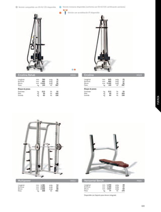 Versión compatible con 93/42 CEE disponible      Versión Inclusive disponible (conforme con 93/42/CEE certificación sanitaria)

                                                       Versión con acreditación IFI disponible




Ercolina Rehab	                                           M959             Ercolina	                                             M928
Longitud:	          mm	 780		pulg.	         31                             Longitud:	              mm	 625		pulg.	          25
Anchura:	           mm	 685		pulg.	         27                             Anchura:	               mm	 685		pulg.	          27
Altura:	            mm	 2.420		pulg.	       95                             Altura:	                mm	 2.420		pulg.	        95
Peso:	               kg	 130		 lib.	       287                             Peso:	                   kg	 130		 lib.	        287
Bloque de pesas:                                                           Bloque de pesas:
Estándar:	           kg 	   27,5		 lib.	    55                             Estándar:	                kg 	   27,5		 lib.	    55
Más:	                kg	     50		 lib.	    100                             Más:	                     kg	     50		 lib.	    100
Grande:	             kg	     65		 lib.	    130                             Grande:	                  kg	     65		 lib.	    130




                                                                                                                                          FUERZA




Multipower	                                               M953             Horizontal Bench	                                     P924
Longitud:	          mm	 1.381		pulg.	       54                             Longitud:	              mm	 1.250		pulg.	        49
Anchura:	           mm	 2.094		pulg.	       82                             Anchura:	               mm	 1.320		pulg.	        52
Altura:	            mm	 2.498		pulg.	       98                             Altura:	                mm	 1.627		pulg.	        64
Peso:	               kg	 268		 lib.	       591                             Peso:	                   kg	   77		 lib.	       170

                                                                           Disponible con Soporte para discos integrado




                                                                                                                                    169
 
