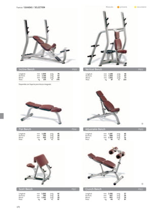Fuerza / GUIADAS / SELECTION                                                       Músculo:    	 primario   	   secundario




  Incline Bench	                                        P919   Vertical Bench	                                   P922
  Longitud:	               mm	 1.935		pulg.	       76          Longitud:	        mm	 1.180		pulg.	    46
  Anchura:	                mm	 1.316		pulg.	       52          Anchura:	         mm	 1.642		pulg.	    65
  Altura:	                 mm	 1.510		pulg.	       59          Altura:	          mm	 1.851		pulg.	    73
  Peso:	                    kg	  125		 lib.	      276          Peso:	             kg	   97		 lib.	   214

  Disponible con Soporte para discos integrado.




  Flat Bench	                                           P914   Adjustable Bench	                                 P920
  Longitud:	               mm	 1.188		pulg.	      46           Longitud:	        mm	 1.187		pulg.	   46
  Anchura:	                mm	 700		pulg.	        28           Anchura:	         mm	 688		pulg.	     27
  Altura:	                 mm	 560		pulg.	        22           Altura:	          mm	 1.300		pulg.	   51
  Peso:	                    kg	   24		 lib.	      53           Peso:	             kg	   36		 lib.	   79




  Scott Bench	                                          P917   Crunch Bench	                                     P915
  Longitud:	               mm	 1.060		pulg.	      42           Longitud:	        mm	 1.440		pulg.	   57
  Anchura:	                mm	 780		pulg.	        31           Anchura:	         mm	 657		pulg.	     26
  Altura:	                 mm	 1.001		pulg.	      39           Altura:	          mm	 852		pulg.	     34
  Peso:	                    kg	   44		 lib.	      97           Peso:	             kg	   44		 lib.	   97


170
 
