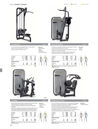 Fuerza / GUIADAS / ELEMENT+                                                                                                         Músculo:          	 primario        	       secundario




  Lat Machine	                                                                        MB400          Vertical Traction	                                                        MB250
• La nueva barra de diseño adaptado ofrece un mejor agarre y                Músculos:               • El asiento con respaldo orientado hacia fuera ayuda a mantener   Músculos:
  ayuda a la correcta posición de las manos.                                - Dorsal ancho            la posición y los movimientos correctos.                         - Dorsal
• Sistema de ajuste de rodillos sencillo.                                   - Bíceps                • El arco de movimiento está diseñado para proporcionar mayor      - Bíceps
                                                                            - Romboide                amplitud a la musculatura dorsal.
                                                                            - Trapecio (inferior)   • El plano de movimiento está ligeramente por delante de los
                                                                                                      hombros para ofrecer un recorrido cómodo al usuario.

  Longitud:	                  mm	 1.200	            pulg.	     47                                    Longitud:	                mm	 1.245	          pulg.	      49
  Anchura:	                   mm	 1.200	            pulg.	     47                                    Anchura:	                 mm	 870	            pulg.	      34
  Altura:	                    mm	 2.300	            pulg.	     91                                    Altura:	                  mm	 2.040	          pulg.	      80
  Peso:	                       kg 	 270	              lib.	   595                                    Peso:	                     kg 	 190	            lib.	    419
  Bloque de pesas:	                                                                                  Bloque de pesas:	
  Estándar: 	                    kg	      90	         lib.	    180                                   Estándar: 	                  kg	     90	         lib.	   180
  Más:	                          kg 	    120	         lib.	    240                                   Más:	                        kg 	   110	         lib.	   220
  Opcional: 				                                                NO                                   Opcional: Pesa adicional (2.5 kg -5 libras de incremento del
                                                                                                     bloque de pesas)




  Low Row	                                                                           MB950           Abdominal Crunch	                                                         MB650
• Patrón de movimiento ascendente. Las dobles posiciones del asa ofrecen      Músculos:             • Las dos cintas para los hombros tienen varias posiciones de agarre    Músculos:
  variedad de ejercicios e implicación de distintos músculos.                 - Dorsal ancho          para que los usuarios de distinta altura consigan la amplitud de      - Abdominal recto
• El asa fija central mejora la estabilidad cuando se realizan ejercicios     - Bíceps                movimientos deseada sin ningún tipo de ajuste.
  unilaterales.                                                               - Romboide            • La forma innovadora del respaldo estabiliza la espalda y da como
• Los brazos de movimiento independiente mejoran el equilibrio de fuerzas                             resultado un mejor aislamiento de los músculos abdominales.
  y ofrecen más variedad de entrenamiento (un brazo cada vez, o bien                                • El apoyapiés doble ofrece un soporte a usuarios de cualquier altura y
  entrenamiento simultáneo concéntrico y excéntrico de ambos brazos).                                 evita la activación de los músculos flexores de la cadera.
 Longitud:	                   mm	 1.240	           pulg.	      49                                    Longitud:	                mm	 1.330	          pulg.	      52
 Anchura:	                    mm	 820	             pulg.	      32                                    Anchura:	                 mm	 890	            pulg.	      35
 Altura:	                     mm	 1.420	           pulg.	      56                                    Altura:	                  mm	 1.420	          pulg.	      56
 Peso:	                        kg 	 170	             lib.	    375                                    Peso:	                     kg 	 180	            lib.	    397
 Bloque de pesas:	                                                                                   Bloque de pesas:	
 Estándar: 	                    kg	       90	         lib.	   180                                    Estándar: 	                 kg	      60	        lib.	    120
 Más:	                          kg 	     120	         lib.	   240                                    Más:	                       kg 	     80	        lib.	    160
 Opcional: Pesa adicional (2.5 kg -5 libras de incremento del                                        Opcional: Pesa adicional (2.5 kg -5 libras de incremento del
 bloque de pesas)                                                                                    bloque de pesas)
186
 