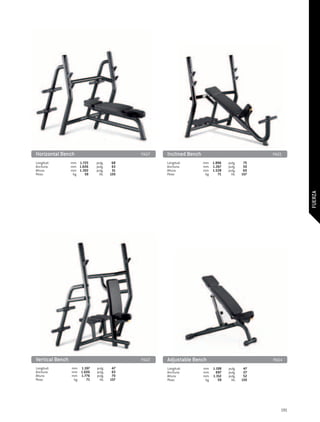 Horizontal Bench	                              PA07   Inclined Bench	                                PA01
Longitud:	        mm	 1.725	   pulg.	     68          Longitud:	        mm	 1.896	   pulg.	     75
Anchura:	         mm	 1.606	   pulg.	     63          Anchura:	         mm	 1.267	   pulg.	     50
Altura:	          mm	 1.302	   pulg.	     51          Altura:	          mm	 1.528	   pulg.	     60
Peso:	             kg 	  59	     lib.	   130          Peso:	             kg 	  71	     lib.	   157




                                                                                                              FUERZA




Vertical Bench	                                PA02   Adjustable Bench	                              PA04
Longitud:	        mm	 1.197	   pulg.	     47          Longitud:	        mm	 1.198	   pulg.	     47
Anchura:	         mm	 1.606	   pulg.	     63          Anchura:	         mm	   697	   pulg.	     27
Altura:	          mm	 1.776	   pulg.	     70          Altura:	          mm	 1.312	   pulg.	     52
Peso:	             kg 	  71	     lib.	   157          Peso:	             kg 	  59	     lib.	   130




                                                                                                        191
 