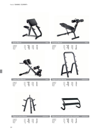 Fuerza / GUIADAS / ELEMENT+




      Scott Bench	                                    PA06   Crunch Bench	                                    PA03
      Longitud:	     mm	 1.011	   pulg.	     40              Longitud:	      mm	 1.436	   pulg.	     57
      Anchura:	      mm	   780	   pulg.	     31              Anchura:	       mm	   697	   pulg.	     27
      Altura:	       mm	   998	   pulg.	     39              Altura:	        mm	 1.108	   pulg.	     44
      Peso:	          kg 	  36	     lib.	    79              Peso:	           kg 	  75	     lib.	   165




      Lower Back Bench	                              PA05    Soporte para barras	                         A0000230
      Longitud:	     mm	 1.069	   pulg.	    42               Longitud:	      mm	   884	   pulg.	    35
      Anchura:	      mm	   757	   pulg.	    30               Anchura:	       mm	   742	   pulg.	    29
      Altura:	       mm	   769	   pulg.	    30               Altura:	        mm	 1.440	   pulg.	    57
      Peso:	          kg 	  36	     lib.	   79               Peso:	           kg 	  32	     lib.	   71




      Soporte para discos	                        A0000231   Mancuernero para mancuernas cromadas	        A0000364
      Longitud:	     mm	   907	   pulg.	     36              Longitud:	      mm	 1.160	   pulg.	     46
      Anchura:	      mm	   794	   pulg.	     31              Anchura:	       mm	   530	   pulg.	     21
      Altura:	       mm	 1.013	   pulg.	     40              Altura:	        mm	   650	   pulg.	     26
      Peso:	          kg 	  53	     lib.	   117              Peso:	           kg 	  53	     lib.	   117



192
 