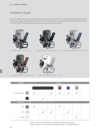 Fuerza / GUIADAS / ELEMENT+




OPCIONES DE COLOR

Nuestros acabados presentan una alta resistencia a la abrasión, el envejecimiento, las manchas, el aceite, los desinfectantes, las
bacterias y los hongos. Los bastidores se someten a un proceso de pintura con polvos de alta resistencia y después se introducen
en hornos. Tienen un acabado de alta calidad, duradero y muy resistente a los arañazos.




AN. Bastidor Antracita + Protector J. I-Pac             AL. Bastidor Plata (metalizado) + Protector G. Gris         AL. Bastidor Plata (metalizado) + Protector J. I-Pac




AL. Bastidor Plata (metalizado) + Protector G. Gris     AL. Bastidor Plata (metalizado) + Protector A. Blanco




                BASTIDOR                                                                             TAPIZADO
                                                                                                       M. Burdeos                               AK. Gris




        AL. Plata (Metalizado)




              PROTECTOR

                       G. Gris



                       J. I-Pac



                    A. Blanco



                                          ELEMENT+ versión de color BASTIDOR AN. Antracita, PROTECTOR G. Gris, TAPIZADO V. Negro o M. Burdeos.
                                          ELEMENT+ versión de color U.P.A. : BASTIDOR AL. Plata (Metalizado), PROTECTOR J. I-Pac, TAPIZADO K. Azul marino.

194
 