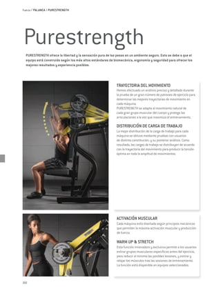 Fuerza / PALANCA / PURESTRENGTH




Purestrength
  PURESTRENGTH ofrece la libertad y la sensación pura de las pesas en un ambiente seguro. Esto se debe a que el
  equipo está construido según los más altos estándares de biomecánica, ergonomía y seguridad para ofrecer los
  mejores resultados y experiencia posibles.




                                                             TRAYECTORIA DEL MOVIMIENTO
                                                             Hemos efectuado un análisis preciso y detallado durante
                                                             la prueba de un gran número de patrones de ejercicio para
                                                             determinar las mejores trayectorias de movimiento en
                                                             cada máquina.
                                                             PURESTRENGTH se adapta al movimiento natural de
                                                             cada gran grupo muscular del cuerpo y protege las
                                                             articulaciones a la vez que maximiza el entrenamiento.

                                                             DISTRIBUCIÓN DE CARGA DE TRABAJO
                                                             La mejor distribución de la carga de trabajo para cada
                                                             máquina se obtuvo mediante pruebas con usuarios
                                                             de distinta constitución, y su posterior análisis. Como
                                                             resultado, las cargas de trabajo se distribuyen de acuerdo
                                                             con la trayectoria del movimiento para producir la torsión
                                                             óptima en toda la amplitud de movimientos.




                                                             ACTIVACIÓN MUSCULAR
                                                             Cada máquina está diseñada según principios mecánicos
                                                             que permiten la máxima activación muscular y producción
                                                             de fuerza.

                                                             WARM UP & STRETCH
                                                             Esta función innovadora y exclusiva permite a los usuarios
                                                             estirar grupos musculares específicos antes del ejercicio,
                                                             para reducir al mínimo las posibles lesiones, y estirar y
                                                             relajar los músculos tras las sesiones de entrenamiento.
                                                             La función está disponible en equipos seleccionados.



202
 