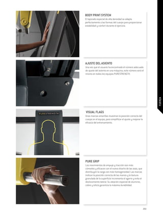 BODY PRINT SYSTEM
El tapizado especial de alta densidad se adapta
perfectamente a las formas del cuerpo para proporcionar
estabilidad y confort durante el ejercicio.




AJUSTE DEL ASIENTO
Una vez que el usuario ha encontrado el número adecuado
de ajuste del asiento en una máquina, este número será el
mismo en todos los equipos PURESTRENGTH.




                                                                     FUERZA
VISUAL FLAGS
Unas marcas amarillas muestran la posición correcta del
cuerpo en el equipo, para simplificar el ajuste y mejorar la
eficacia del entrenamiento.




PURE GRIP
Los movimientos de empuje y tracción son más
cómodos y eficaces con el nuevo diseño de las asas, que
distribuyen la carga con más homogeneidad. Las marcas
indican la posición correcta de las manos y la textura
granulada de la superficie incrementa el agarre y evita el
deslizamiento lateral. Su aleación especial de aluminio,
cobre y silicio garantiza la máxima durabilidad.




                                                               203
 