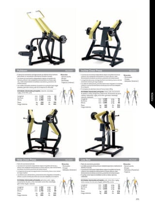 Pulldown	                                                                                  MG2000            Incline Chest Press	                                                                     MG1500
• El plano de movimiento está ligeramente por delante de los hombros                  Músculos:               • Los brazos de movimiento independiente mejoran el equilibrio de fuerzas         Músculos:
  para ofrecer un recorrido de movimiento cómodo al usuario.                          - Dorsal ancho            y ofrecen más variedad de entrenamiento (un brazo cada vez, o bien
                                                                                                                entrenamiento simultáneo concéntrico y excéntrico de ambos brazos).
                                                                                                                                                                                                - Pectorales
• Los brazos de movimiento independiente mejoran el equilibrio de                     - Bíceps                                                                                                  - Tríceps
  fuerzas y ofrecen más variedad de entrenamiento (un brazo cada                      - Romboide              • La trayectoria de las asas converge durante el movimiento y traza un arco de
  vez, o bien entrenamiento simultáneo concéntrico y excéntrico de                                              movimiento natural y de mayor amplitud.                                         - Deltoides (Anterior)
  ambos brazos).
                                                                                      - Trapecio (inferior)
                                                                                                              • Los cables de calentamiento y de estiramiento están integrados en el bastidor
• Los rodillos femorales sostienen al usuario en su posición bajo cargas                                        y ofrecen un punto de estiramiento cómodo para los músculos trabajados
  pesadas y permiten entrar y salir de la máquina sin dificultad.                                               en la máquina.
                                                                                                              • El contrapeso de cada brazo reduce la Fuerza inicial a 500 g.
  Actividades relacionadas principales: natación, escalada,                                                     Actividades relacionadas principales: boxeo, judo, lanzamiento
  rugby, lucha libre, judo.                                                                                     de jabalina, fútbol, piragüismo, baloncesto, lanzamiento de peso,




                                                                                                                                                                                                                          FUERZA
                                                                                                                voleibol, halterofilia, rugby, lucha libre, gimnasia, bobsleigh,
  Longitud:	                       mm	 1.110		pulg.	                  44
                                                                                                                natación, waterpolo
  Anchura:	                        mm	 1.740		pulg.	                  69
  Altura:	                         mm	 1.990		pulg.	                  78                                        Longitud:	                      mm	 1.540		pulg.	                    61
                                                                                                                Anchura:	                       mm	 1.030		pulg.	                    41
  Peso:	                            kg 	 150		 lib.	                 331                                        Altura:	                        mm	 1.685		pulg.	                    66
  Carga máxima:	                    kg	 200		 lib.	                  441
                                                                                                                Peso:	                           kg 	 160		 lib.	                   353
                                                                                                                Carga máxima:	                   kg	 160		 lib.	                    353




 Wide Chest Press	                                                                           MG1000             Low Row	                                                                                MG2500
• Patrón de movimiento declinado.                                                Músculos:                    • Patrón de movimiento ascendente.                                                Músculos:
• Los brazos de movimiento independiente mejoran el equilibrio de fuerzas y      - Pectorales                 • Las dobles posiciones del asa ofrecen variedad de ejercicios e implicación de   - Dorsal ancho
  ofrecen más variedad de entrenamiento (un brazo cada vez, o bien entrenamiento - Tríceps                      distintos músculos.                                                             - Bíceps
  simultáneo concéntrico y excéntrico de ambos brazos).                          - Deltoides (Anterior)       • Los brazos de movimiento independiente mejoran el equilibrio de fuerzas         - Deltoides (Posterior)
• La trayectoria de las asas converge durante el movimiento y traza un arco natural                             y ofrecen más variedad de entrenamiento (un brazo cada vez, o bien              - Trapecio
  de mayor amplitud.                                                                                            entrenamiento simultáneo concéntrico y excéntrico de ambos brazos).
• Los elásticos para calentamiento y estiramiento están integrados en el bastidor y                           • El asa fija central mejora la estabilidad cuando se realizan ejercicios
  ofrecen un punto cómodo para estirar los músculos trabajados en la máquina.                                   unilaterales.
  Actividades relacionadas principales: gimnasia, judo, rugby,                                                  Actividades relacionadas principales: judo, lucha libre, rugby,
  lanzamiento de peso, artes marciales, lucha libre, bobsleigh,                                                 remo, canoa, tiro con arco, kayak, halterofilia, sumo
  golf, fútbol, kayak, natación.
                                                                                                                Longitud:	                      mm	 1.320		pulg.	                   52
  Longitud:	                      mm	 1.450		pulg.	                   57                                        Anchura:	                       mm	 1.250		pulg.	                   49
  Anchura:	                       mm	 1.182		pulg.	                   47                                        Altura:	                        mm	 1.630		pulg.	                   64
  Altura:	                        mm	 1.730		pulg.	                   68                                        Peso:	                           kg 	 125		 lib.	                  276
  Peso:	                           kg 	 170		 lib.	                  375                                        Carga máxima:	                   kg	 200		 lib.	                   441
  Carga máxima:	                   kg	 200		 lib.	                   441

                                                                                                                                                                                                                  205
 