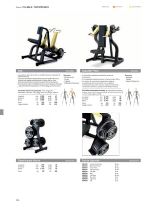 Fuerza / PALANCA / PURESTRENGTH                                                                                                                        Músculo:            	 primario            	       secundario




  Row	                                                                                        MG3000                  Shoulder Press	                                                                  MG3500
• Las posiciones dobles del asa ofrecen variedad de ejercicios e implicación de           Músculos:               • El movimiento reproduce la elevación frontal con                           Músculos:
  distintos músculos.                                                                     - Dorsal ancho            mancuernas.                                                                - Deltoides
• Los brazos de movimiento independiente mejoran el equilibrio de fuerzas                 - Bíceps                • El contrapeso de cada brazo reduce la Fuerza inicial a 500 g.              - Tríceps
  y ofrecen más variedad de entrenamiento (un brazo cada vez, o bien                      - Trapecio
  entrenamiento simultáneo concéntrico y excéntrico de ambos brazos).                                             • Los brazos de movimiento independiente mejoran                             - Trapecio (Superior)
• El asa fija central mejora la estabilidad cuando se realizan ejercicios unilaterales.   - Deltoides (Posterior)   el equilibrio de fuerzas y ofrecen más variedad de
                                                                                                                      entrenamiento (un brazo cada vez, o bien entrenamiento
  Las grandes plataformas proporcionan el máximo apoyo y confort al usuario.                                          simultáneo concéntrico y excéntrico de ambos brazos).
•
  Actividades relacionadas principales: remo, piragüismo,                                                             Actividades relacionadas principales: gimnasia, judo, lanzamiento
  halterofilia, lucha libre, judo, rugby, tiro al arco, kayak, voleibol                                               de peso, levantamiento de pesas, voleibol, lucha libre, lanzamiento de
                                                                                                                      martillo, fútbol, rugby, bobsleigh.
  Longitud:	                       mm	 1.190		pulg.	                    47                                            Longitud:	                   mm	 1.290		pulg.	                51
  Anchura:	                        mm	 1.380		pulg.	                    54                                            Anchura:	                    mm	 1.260		pulg.	                50
  Altura:	                         mm	 1.300		pulg.	                    51                                            Altura:	                     mm	 1.485		pulg.	                58
  Peso:	                            kg 	 135		 lib.	                   298                                            Peso:	                        kg 	 140		 lib.	               309
  Carga máxima:	                    kg	 200		 lib.	                    441                                            Carga máxima:	                kg	 200		 lib.	                441




  Soporte para discos 	                                                                     A0000356                  Set de Soportes	                                                               A0000374
  Longitud:	                        mm	 670		pulg.	                      26                                           MG1500	     Incline Chest Press	                        2 uds.
  Anchura:	                         mm	 670		pulg.	                      26                                           MG1000	     Wide Chest Press	                           1 ud.
  Altura:	                          mm	 1.145		pulg.	                    45                                           MG0500 	    Chest Press	                                2 uds.
                                                                                                                      MG3500 	    Shoulder Press	                             2 uds.
  Peso:	                             kg 	  60		 lib.	                   132                                           MG2500 	    Low Row	                                    1 ud.
                                                                                                                      MG3000 	    Row	                                        1 ud.
                                                                                                                      MG2000 	    Pull Down	                                  2 uds.
                                                                                                                      MG4000 	    Rear Kick	                                  1 ud.
                                                                                                                      MG5000 	    Leg Press 	                                 1 ud.
                                                                                                                      MG4500 	    Calf 	                                      1 ud.




206
 