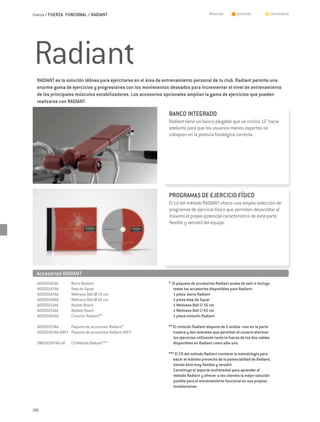 Fuerza / FUERZA FUNCIONAL / RADIANT                                                    Músculo:       	 primario      	         secundario




Radiant
  RADIANT es la solución idónea para ejercitarse en el área de entrenamiento personal de tu club. Radiant permite una
  enorme gama de ejercicios y progresiones con los movimientos deseados para incrementar el nivel de entrenamiento
  de los principales músculos estabilizadores. Los accesorios opcionales amplían la gama de ejercicios que pueden
  realizarse con RADIANT.

                                                                BANCO INTEGRADO
                                                                Radiant tiene un banco plegable que se inclina 15° hacia
                                                                adelante para que los usuarios menos expertos se
                                                                coloquen en la postura fisiológica correcta.




                                                                PROGRAMAS DE EJERCICIO FÍSICO
                                                                El cd del método RADIANT ofrece una amplia selección de
                                                                programas de ejercicio físico que permiten desarrollar al
                                                                máximo el propio potencial característico de esta parte
                                                                flexible y versátil del equipo.




  Accesorios RADIANT
  A0000141AA	       Barra Radiant                              * El paquete de accesorios Radiant acaba de salir e incluye
  A0000142AA	       Step de Squat                                 todos los accesorios disponibles para Radiant:
  A0000147AA	       Wellness Ball Ø 55 cm                      	 1 pieza barra Radiant
  A0000148AA	       Wellness Ball Ø 65 cm                      	 1 pieza step de Squat
  A0000213AA	       Rocker Board                               	 1 Wellness Ball Ø 55 cm
  A0000214AA	       Wobble Board	                              	 1 Wellness Ball Ø 65 cm
  A0000160AA	       Cinturón Radiant**                         	 1 pieza cinturón Radiant

  A0000193AA	      Paquete de accesorios Radiant*              ** El cinturón Radiant dispone de 3 anillos -uno en la parte
  A0000193AA-GREY	 Paquete de accesorios Radiant GREY             trasera y dos laterales-que permiten al usuario efectuar
                                                                  los ejercicios utilizando tanto la fuerza de los dos cables
  OWEOO247AA-UK	    Cd Método Radiant***                          disponibles en Radiant como sólo uno.

                                                               *** El CD del método Radiant contiene la metodología para
                                                                  sacar el máximo provecho de la potencialidad de Radiant,
                                                                  siendo éste muy flexible y versátil.
                                                               	 Constituye el soporte multimedial para aprender el
                                                                  método Radiant y ofrecer a los clientes la mejor solución
                                                                  posible para el entrenamiento funcional en sus propias
                                                                  instalaciones.




216
 
