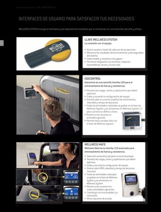 Aplicaciones Software / WELLNESS SYSTEM




  INTERFACES DE USUARIO PARA SATISFACER TUS NECESIDADES
  WELLNESS SYSTEM incluye el software y los dispositivos hardware que la convierten en una solución sencilla y eficaz.


                                                                LLAVE WELLNESS SYSTEM
                                                                La conexión con el equipo.

                                                                •	 Guía al usuario a través de cada uno de los ejercicios
                                                                •	 Memoriza los resultados del entrenamiento y descarga datos
                                                                   del sistema
                                                                •	 Impermeable y resistente a los golpes
                                                                •	 Permite la integración con armarios, máquinas
                                                                   expendedoras, tornos y mucho más.




                                                                ISOCONTROL
                                                                Isocontrol es una sencilla interfaz LED para el
                                                                entrenamiento de fuerza y resistencia.
                                                                • Visualiza las cargas, series y repeticiones que deben
                                                                  aplicarse.
                                                                • Graba y recuerda la configuración del equipo.
                                                                • Orienta sobre la correcta amplitud de movimientos,
                                                                  velocidad y tiempo de descanso.
                                                                • Todas las actividades realizadas se graban en la llave de
                                                                  Wellness System y se almacenan en Wellness System. El
                                                                  peso correcto se define a mano.
                                                                • Muestra a los usuarios su
                                                                  actividad siguiente.
                                                                • Permite hacer pruebas sólo con
                                                                  la llave de Wellness System.




                                                                WELLNESS MATE
                                                                Wellness Mate es la interfaz LCD avanzada para
                                                                entrenamiento de fuerza y resistencia.
                                                                •	 Detección automática del peso correcto levantado
                                                                •	 Visualiza las cargas, series y repeticiones que deben
                                                                   aplicarse.
                                                                •	 Graba y recuerda la configuración del equipo.
                                                                •	 Orienta sobre ROM, velocidad y tiempo de descanso
                                                                   correctos.
                                                                •	 Todas las actividades realizadas
                                                                   se graban en la llave de Wellness
                                                                   System y se almacenan en
                                                                   Wellness System.
                                                                •	 Muestra a los usuarios sus
                                                                   cuatro actividades siguientes.
                                                                •	 Contribuye a la funcionalidad y la
                                                                   motivación.
                                                                •	 Ofrece opciones de prueba.

24
 